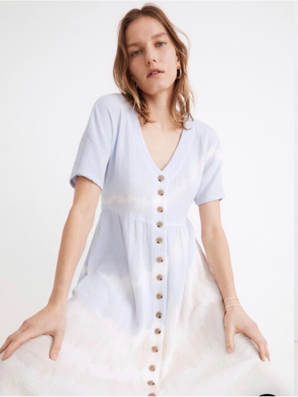Madewell Light Blue and Cream Button-Front Midi Dress